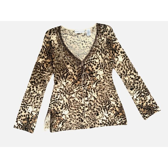 Dana Buchman Medium Vintage Leopard Merino Wool Beaded Top City Luxe Embellished - Picture 14 of 14
